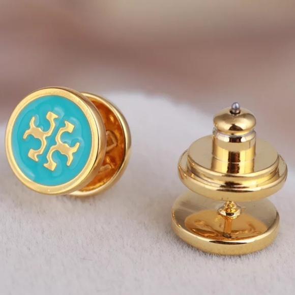 Tory Burch Gold & Aqua Enamel Logo Stud Earrings - Picture 2 of 3